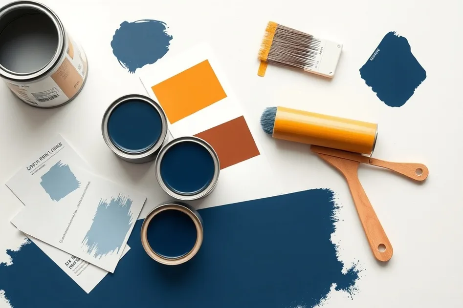 Pots de peinture, nuancier, brosses et rouleaux disposés à plat