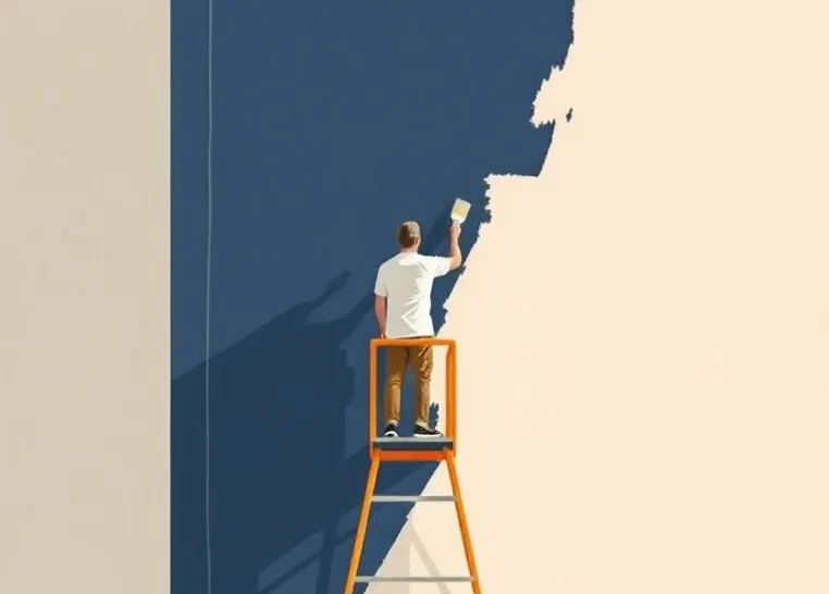 Peintre sur échafaudage traitant la façade d'une maison